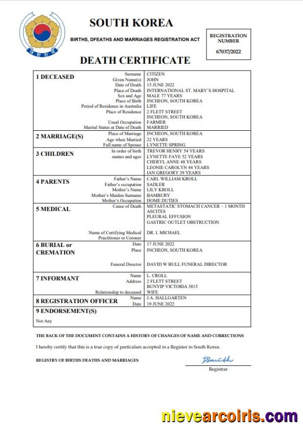 South Korea vital record death certificate